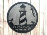 Welcome Sign with Lighthouse and Seagulls