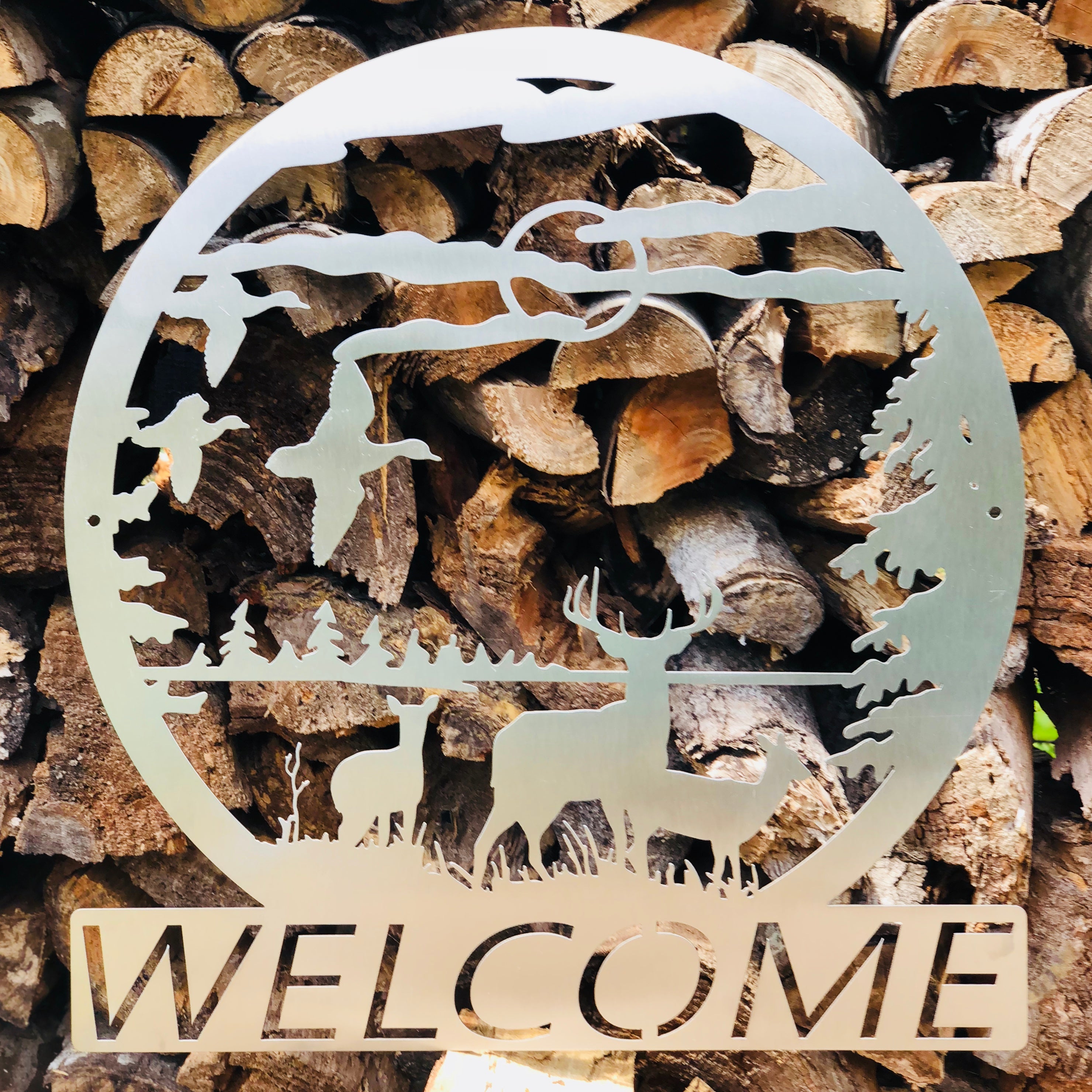 Metal Welcome Sign with Deer and Birds