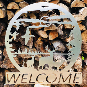 Metal Welcome Sign with Deer and Birds