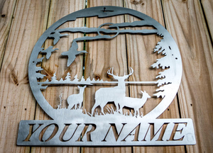 Metal Welcome Sign with Deer and Birds
