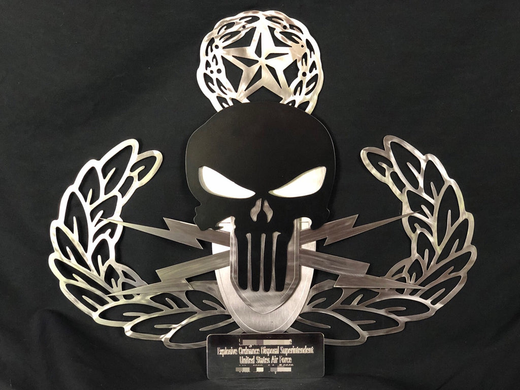 metal sign with eod logo and punisher skull